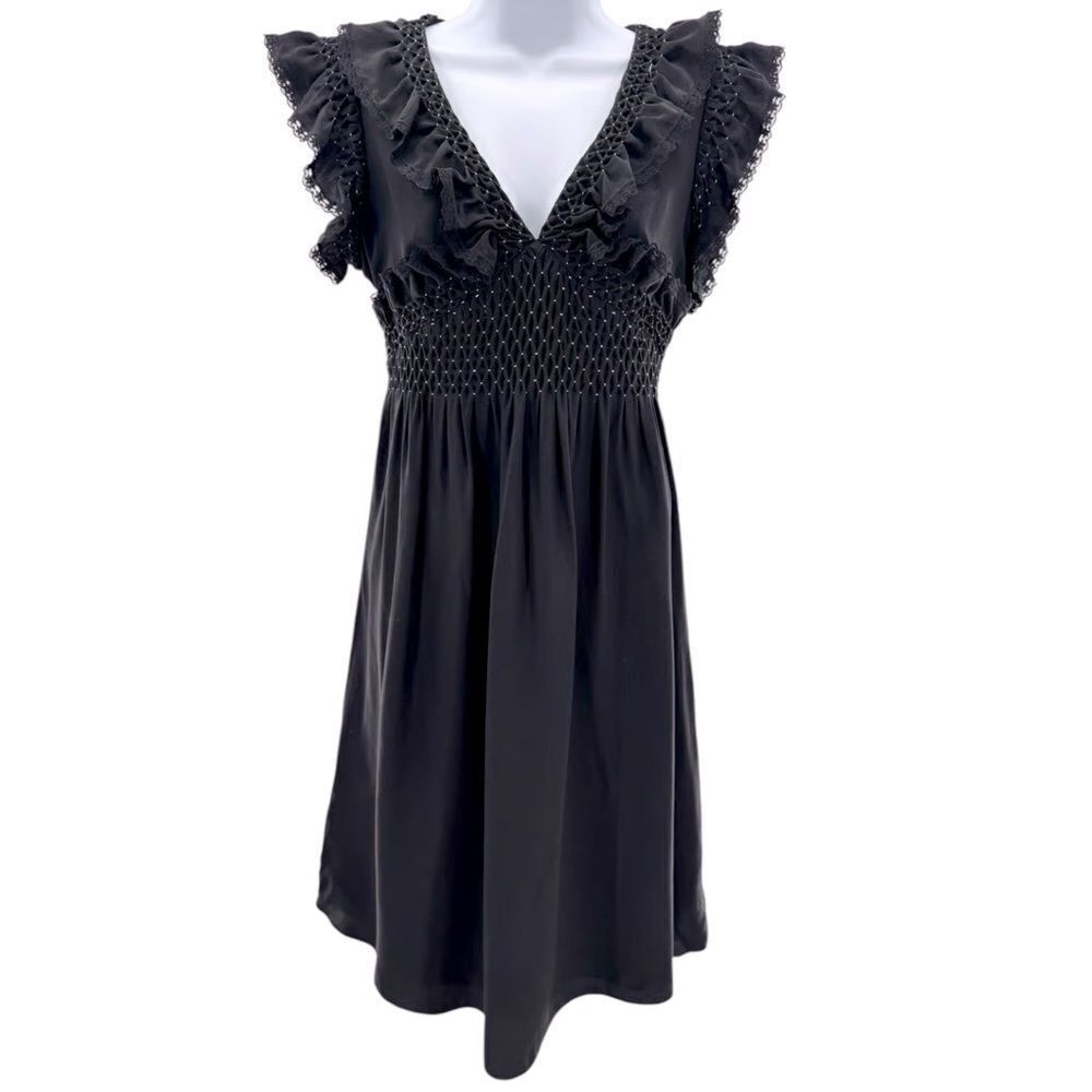 RARE Vintage Betsey Johnson 100% Silk Black Ruffle Smocked Mini Dress